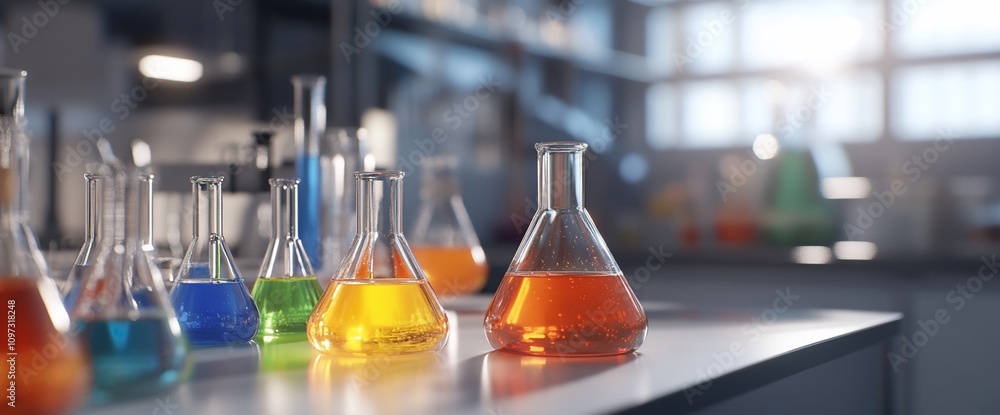 Poster colorful liquids in erlenmeyer flasks on a lab bench.