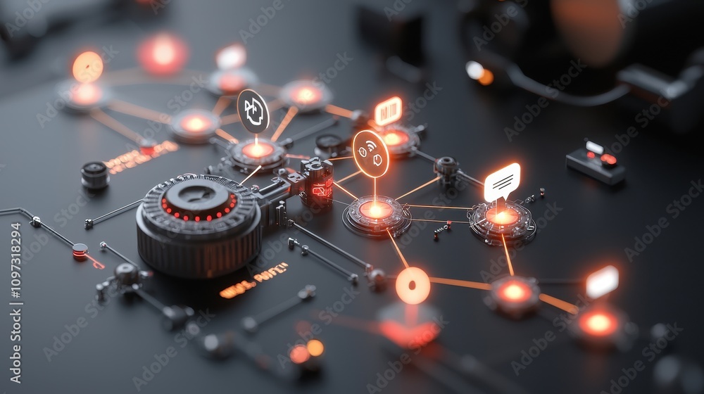 Poster futuristic digital interface with lock and various icons representing technology, security, communic