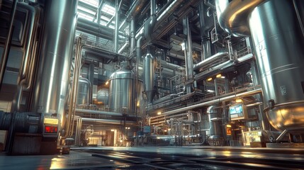 Fototapeta premium Chemical factory interior, stainless steel tanks, complex piping systems, industrial ambiance 
