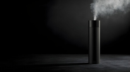 Sleek black cylindrical diffuser emitting a gentle white vapor against a dark background.