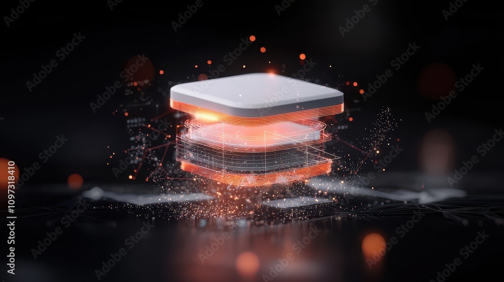 Poster futuristic digital data processing concept with layered technology and glowing particles in an abstr