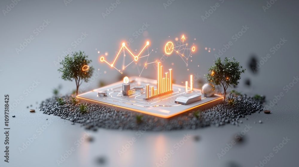 Poster futuristic concept of data analysis and visualization with glowing graphs, trees, and geometric shap