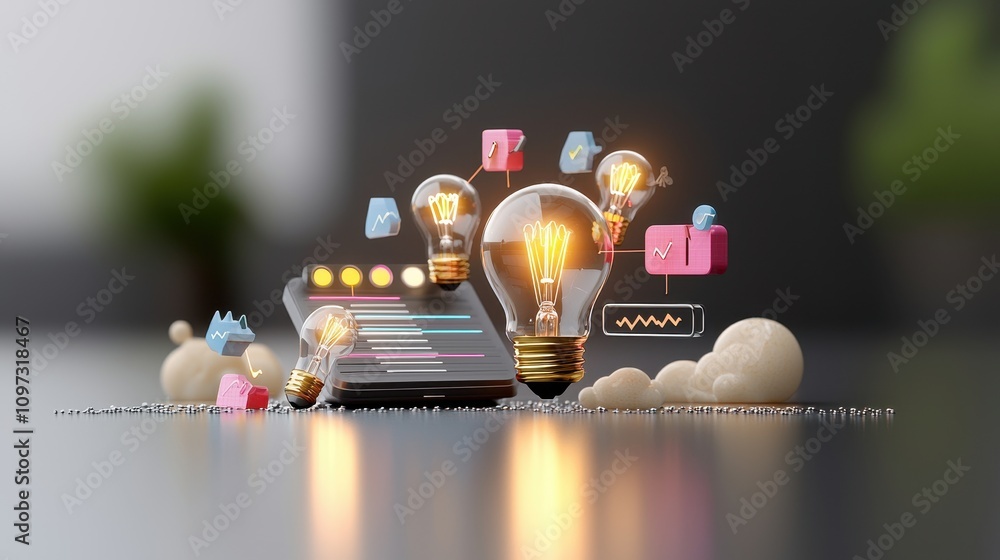 Poster creative insight generation with light bulbs and data analysis, showcasing innovative ideas and digi