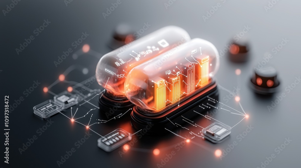 Poster futuristic transparent capsules with data visualization on a technology background, representing inn