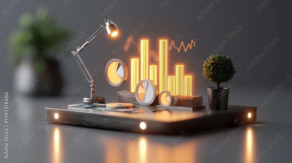 Poster creative workspace with data visualization elements and modern desk accessories for business analysi