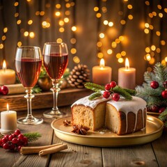 Festive Christmas cake with candles, wine, and holiday decor