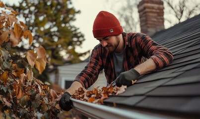Gutter cleaning, man removing leaves, autumn season, wearing red beanie, flannel shirt, gloves, home maintenance, outdoor activity
