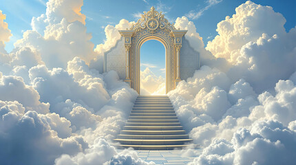 Stairway leading to a glowing doorway in the heavens, surrounded by fluffy clouds and bathed in golden light.  Evokes themes of ascension, afterlife, and spiritual journeys.