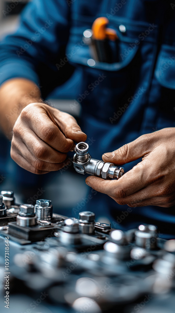 Poster turbocharger installation concept. a close-up of hands working with metal components, showcasing cra