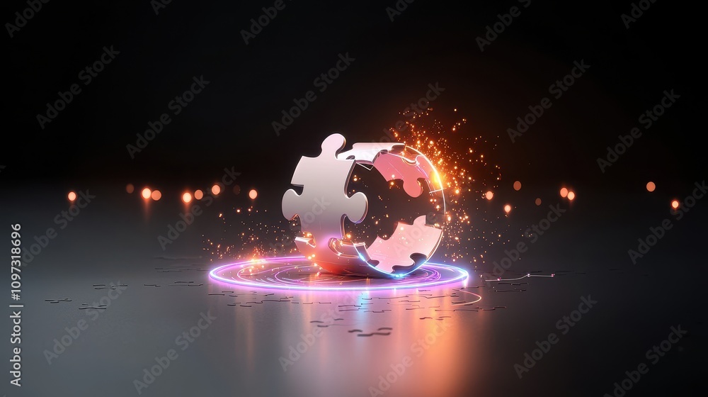 Poster 3d render of a floating puzzle piece surrounded by glowing sparkles and circular neon light on a dar