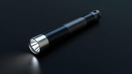 Sleek black flashlight emitting bright light on dark surface. (1)