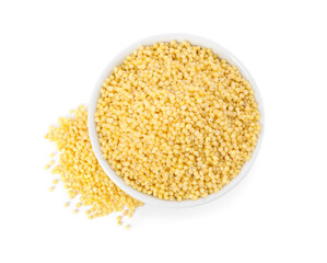 Millet groats in bowl isolated on white, top view