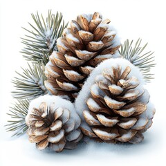 A sticker of a pinecone dusted with snow, isolated on white background 