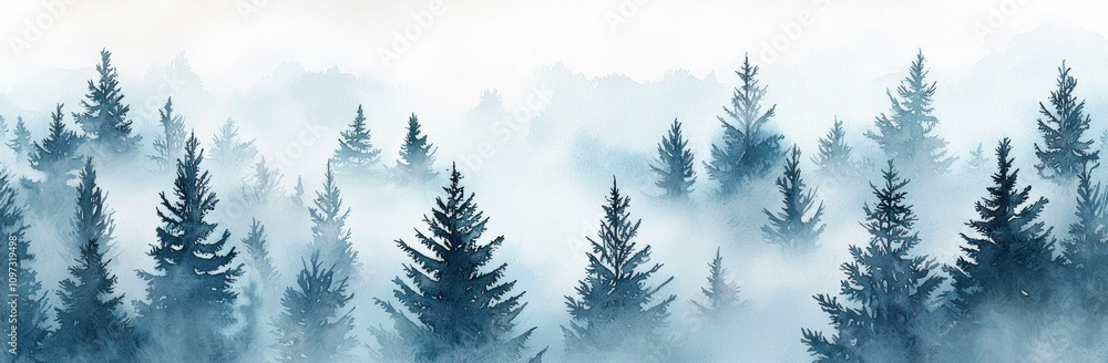 Poster serene misty forest landscape with tall evergreen trees emerging from the fog, creating a tranquil a