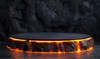 Lava platform with glowing edges, dark rocky background, circular design, dramatic lighting, modern aesthetic