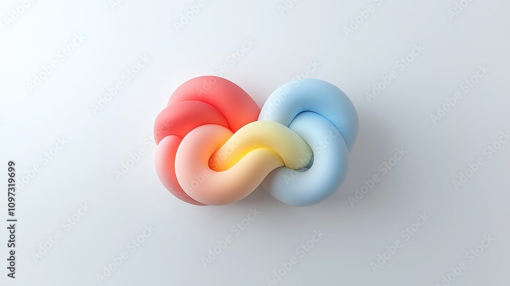 Poster abstract colorful twisted shape with smooth curves in soft hues of pink, yellow, and blue against a 