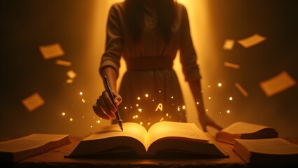 A silhouette holding a glowing pen with an open book radiating letters and sentences. Floating books and scrolls encircle the figure in a golden, warm glow.