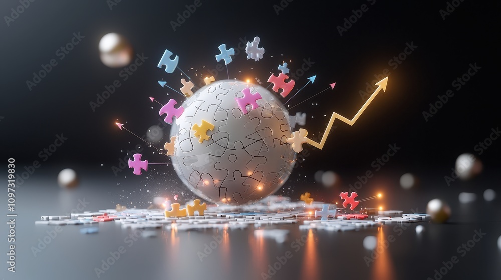 Poster creative concept of global collaboration with puzzle pieces, colorful arrows, and growing graph repr