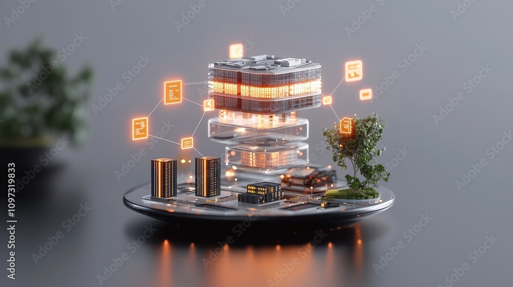 Poster futuristic concept of smart city infrastructure and advanced technology integration with miniature b