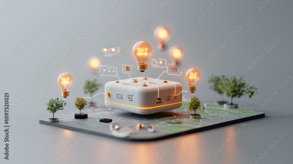 Poster innovative concept of smart technology with light bulbs and trees representing data connectivity in 