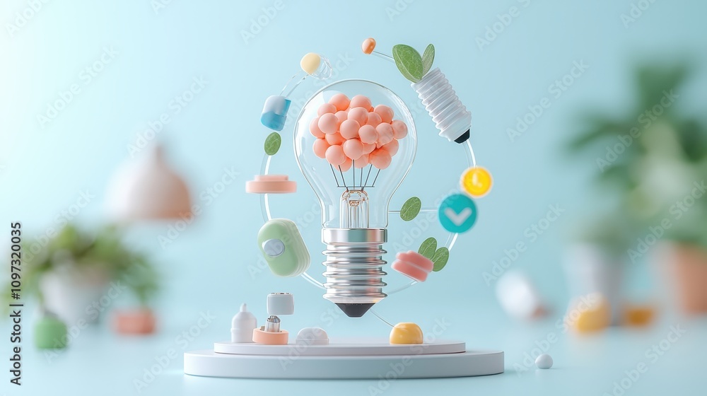 Poster creative light bulb concept with colorful elements representing ideas and innovation in a modern and