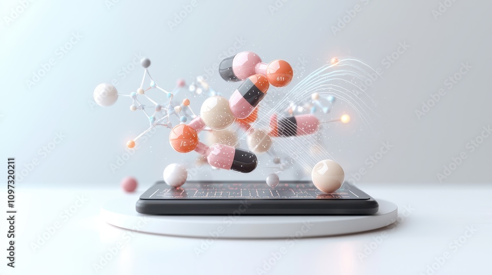 Aufkleber floating molecules and pills above a smartphone displaying a digital health interface representing i