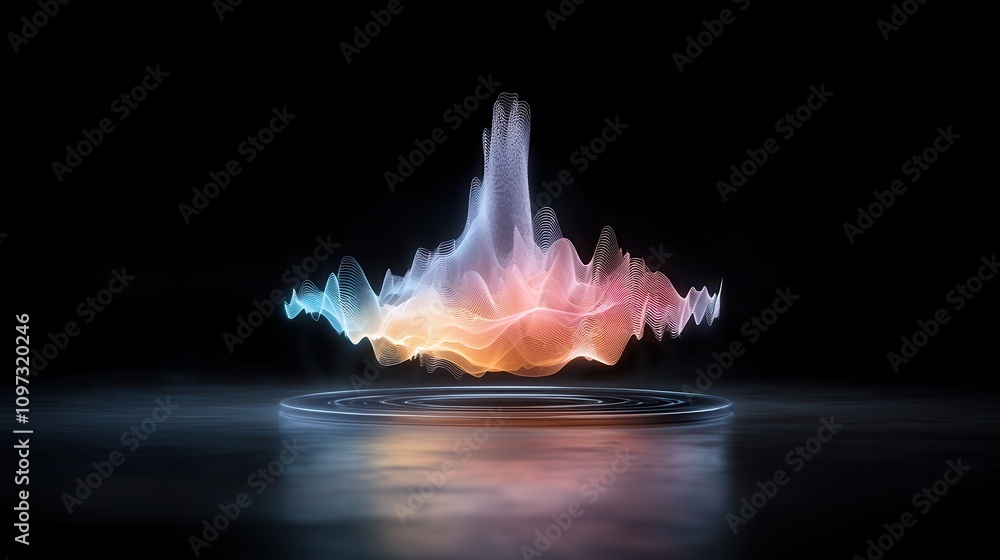 Poster abstract sound wave visualization with colorful light effects and dynamic flow in a dark background 