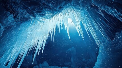 A stunning ice cave with sharp icicles glistening in a blue-tinted light, creating an otherworldly atmosphere.