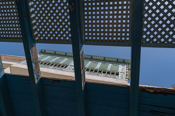 The enclosed balcony seen through the atmospheric wooden roof