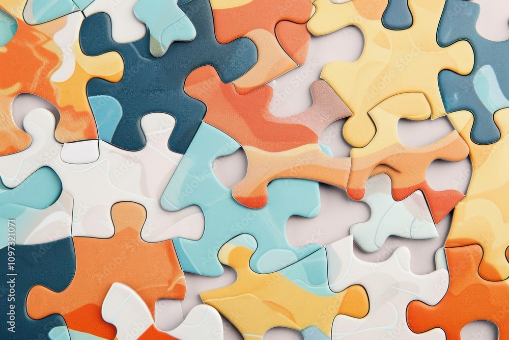 Poster bright and colorful jigsaw puzzle pieces scattered on a surface, showcasing various shapes and patte
