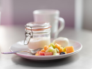 Healthy Vegetarian Continental Bright Fruit Yogurt Coffee Breakfast Brunch 