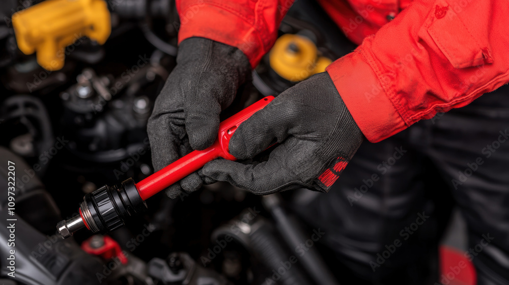 Poster turbocharger installation concept. a mechanic in gloves holds a red tool while working on an engine,