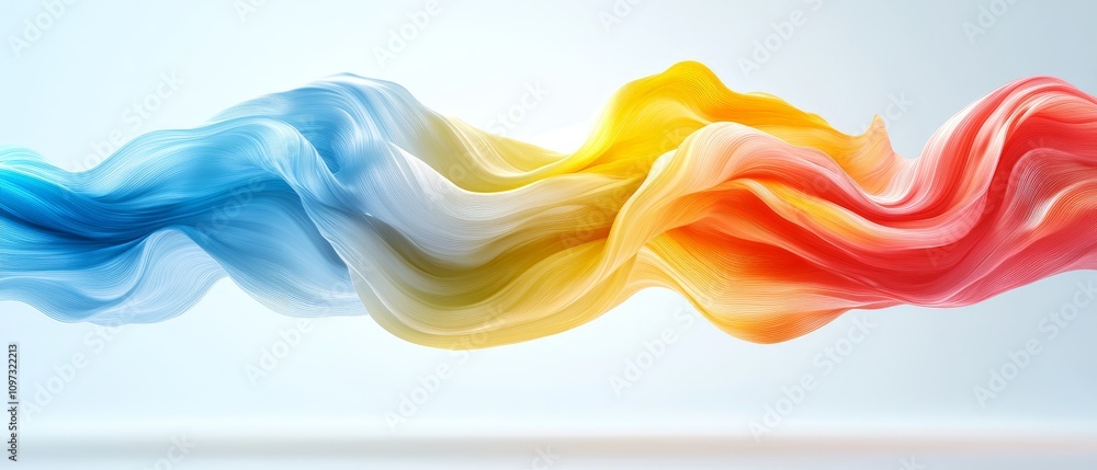 Poster flowing multicolored silk like ribbons in vibrant blue, yellow, and red hues, featuring soft texture