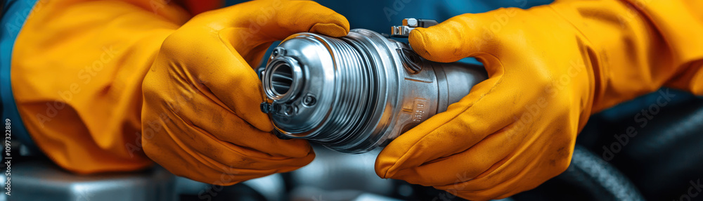 Poster turbocharger installation concept. a close-up of a person in yellow gloves holding a metallic compon