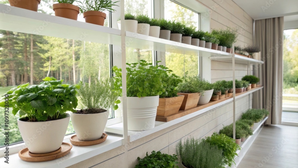 Poster thoughtfully arranged potted herbs on the open shelves bring a touch of greenery into the room infus