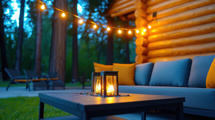 cozy outdoor patio setting with string lights, lantern, and comfortable seating creates warm and inviting atmosphere for relaxation
