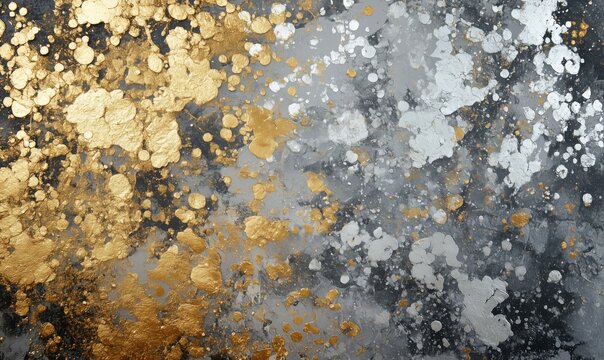 Gold and silver splatter art, abstract design with textured metallic paint, contrasting colors, artistic background