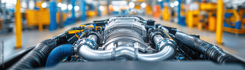 Poster turbocharger installation concept. a close-up view of a high-performance engine, showcasing intricat