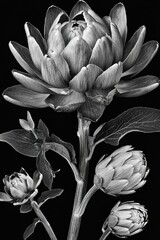 Elegant black and white artichoke flower with delicate leaves and buds, showcasing intricate details and textures. Nature and botanical beauty concept.