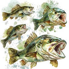 Obraz premium Watercolor Painting of Four Largemouth Bass in Dynamic Poses.