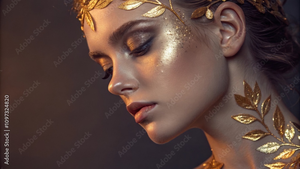 Poster a headon view of a face where gold leaf delicately hugs the jawline and brow the neon light creating