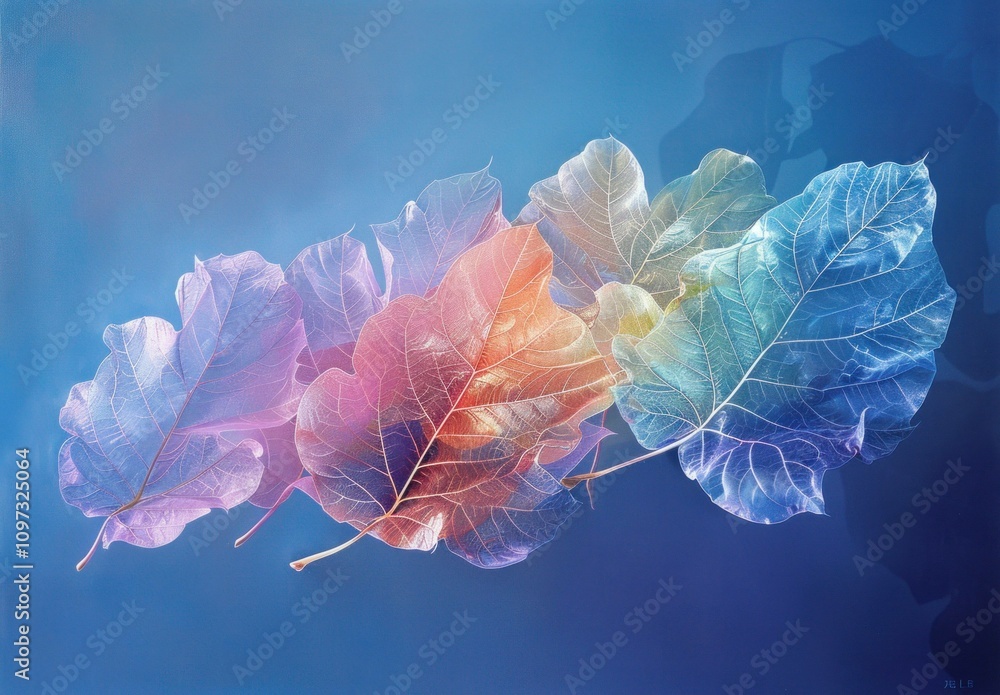 Poster colorful translucent leaves floating on a gradient blue background, showcasing unique shapes and tex