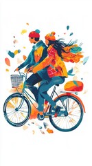 Fototapeta premium Young couple riding bicycle in autumn, enjoying fall foliage