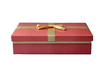 Gift box wrapped in red paper with gold bow, background. PNG transparent.
