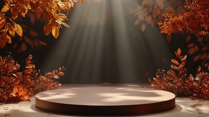 A Circular Platform Surrounded by Autumn Leaves and Sunlight
