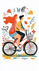 Fototapeta premium Young couple riding bicycle through blooming meadow in springtime