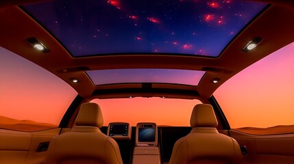 Fototapeta premium Luxury Car Interior Desert Sunset Starry Night View