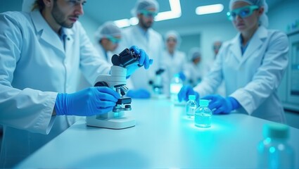 Scientists in a laboratory working with microscopes and equipment, highlighting research and medical advancements. Generative, AI,