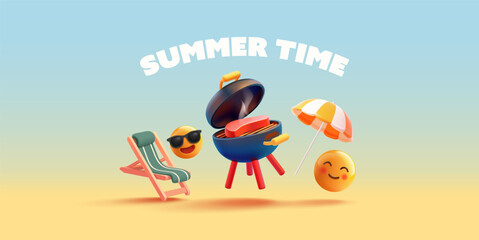 Summer time. Nature vacation. 3D grill, funny emoji characters, sun umbrella, beach chair, steak. Summer party. Cheerful banner. Vector illustration.