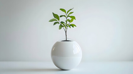 Small green plant in a modern white spherical pot against a white background.